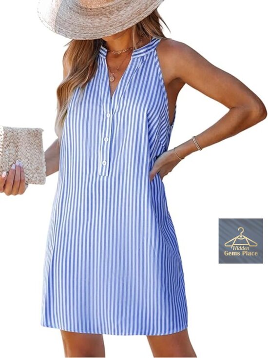 Dresses & Skirts - Sleeveless V-Neck Striped Mini Dress, Casual Summer Coverup, Relaxed Fit